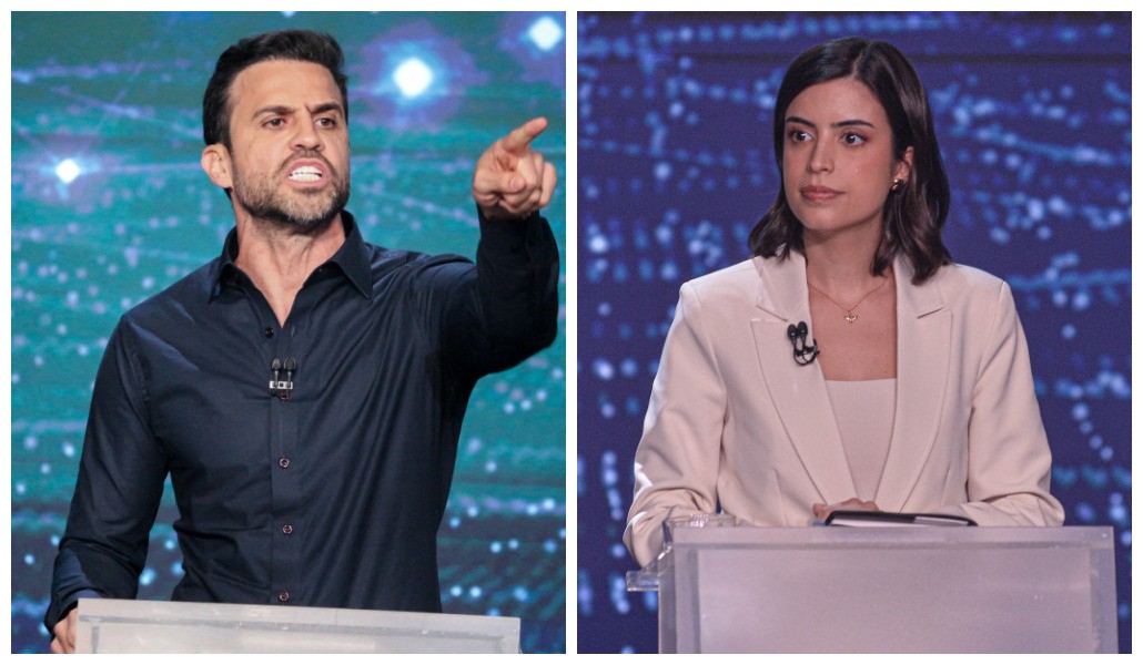 Os pré-candidatos à Prefeitura de São Paulo, Pablo Marçal (PRTB) e Tabata Amaral (PSB), durante o debate da TV Bandeirantes