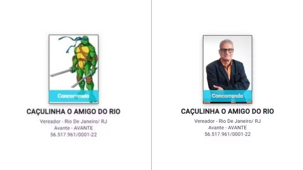"Caçulinha o Amigo do Rio" registrou sua candidatura a vereador com a imagem repaginada de Leonardo, uma das Tartarugas Ninja; à direita, a foto original do candidato, substituída pelo partido