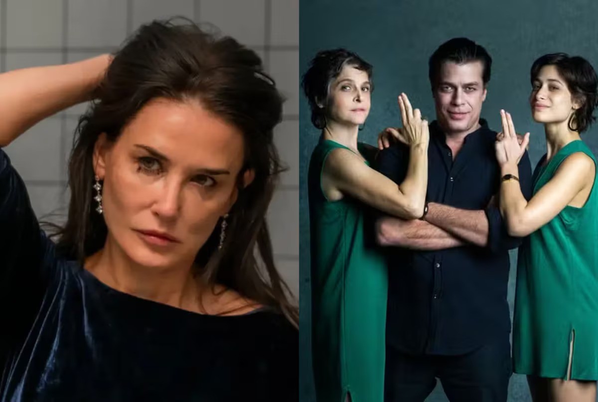 Demi Moore, em "A Substância"; e Drica Moraes, Fábio Assunção e Luisa Arraes em "A Fórmula"