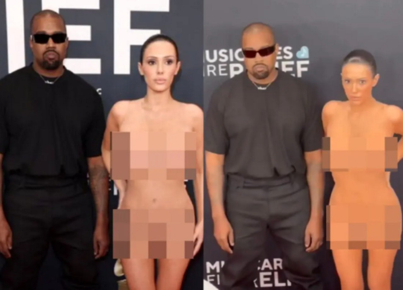 Ao lado do marido Kanye West, Bianca Censori fez diversas poses para os fotógrafos, em fotos que rodaram o mundo