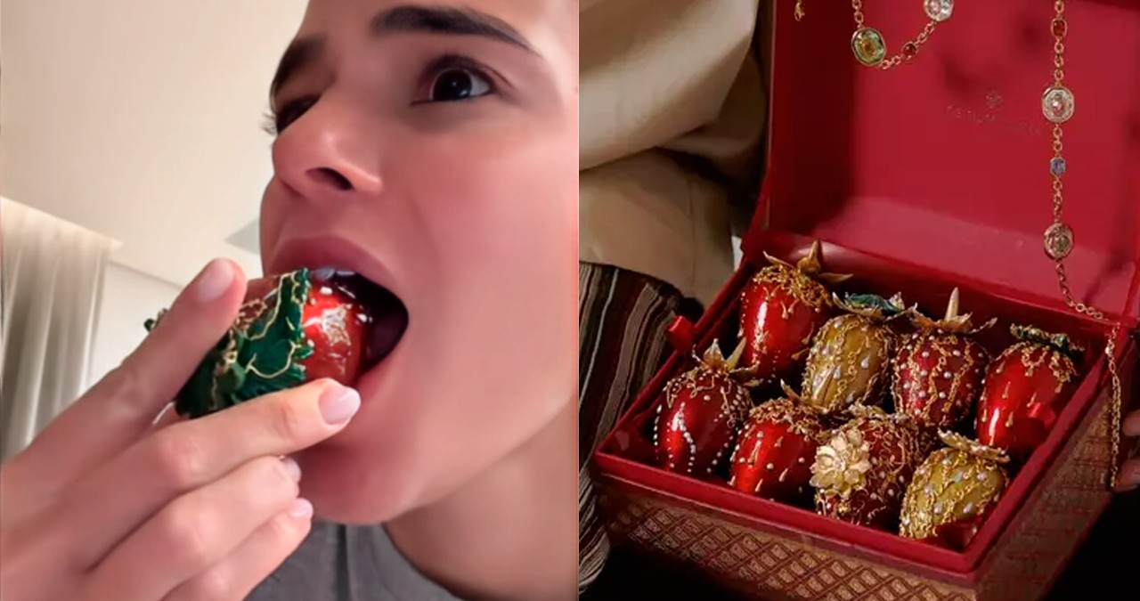 Bruna Marquezine prova morango do amor de R$ 2,1 mil