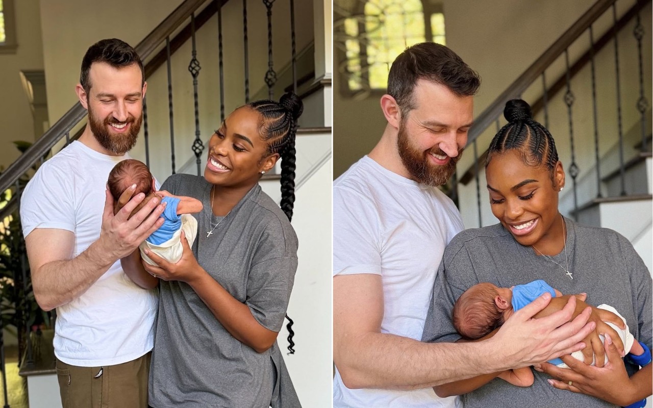 Cameron e Lauren com o bebê Ezra