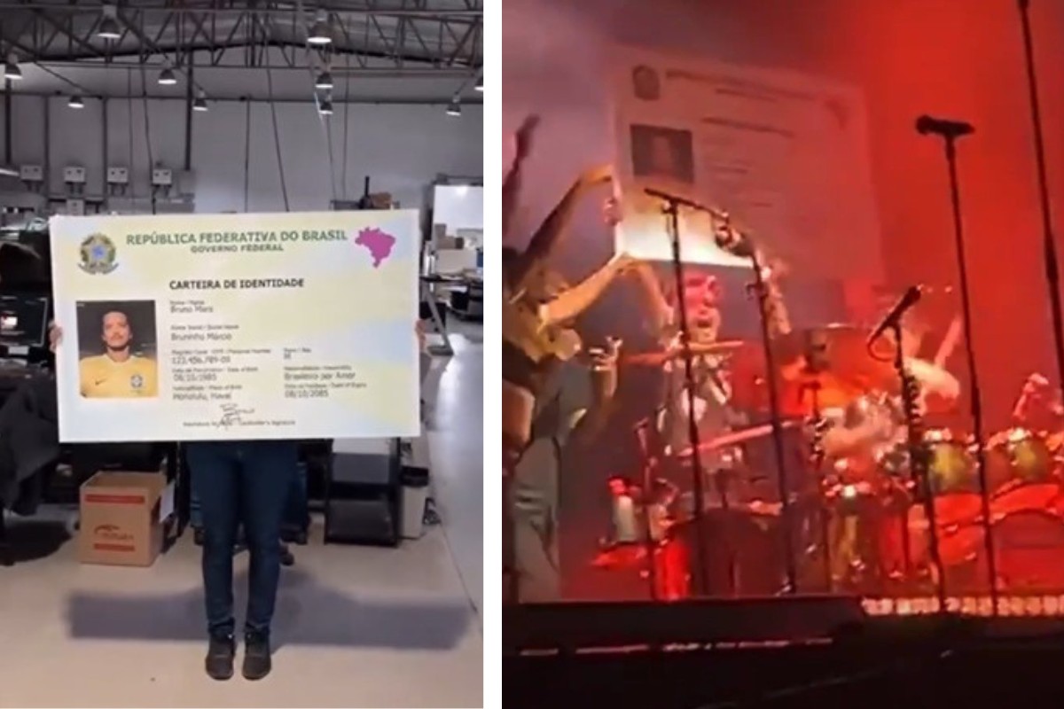 "Bruninho Márcio": Bruno Mars ganha cpf brasileiro gigante e exibe em show de BH