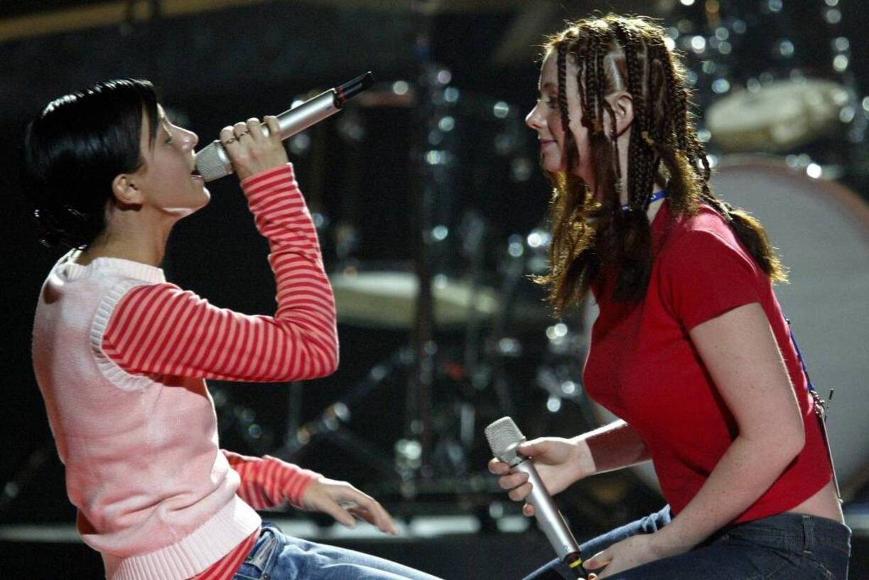 Lena Katina e Julia Volkova, que formam a dupla pop t.A.T.u, durante ensaio em 2003 