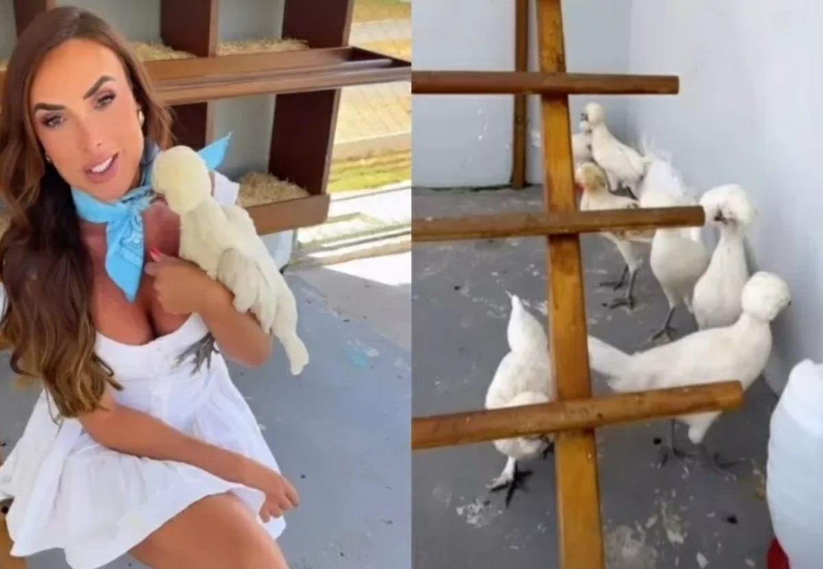 Nicole Bahls e suas galinhas