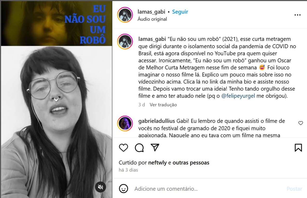 Post de Gabriela Lamas citando as semelhanças entre seu curta e o filme "Eu não Sou Robô", vencedor do Oscar 2025