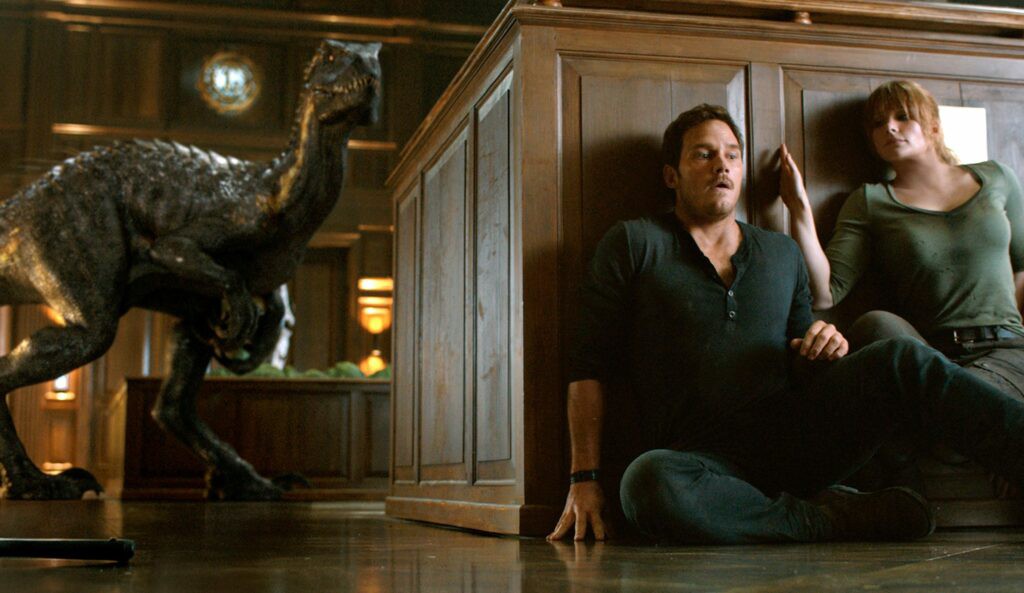 Jurassic World: Fallen Kingdom
Left to right: The Indoraptor with Chris Pratt (as Owen), Bryce Dallas Howard (as Claire) and Isabella Sermon (as Maisie)