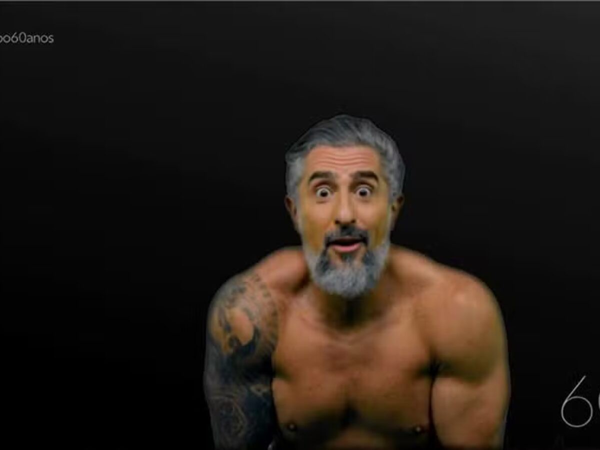 Marcos Mion fica pelado para recriar abertura de Brega e Chique no Caldeirão
