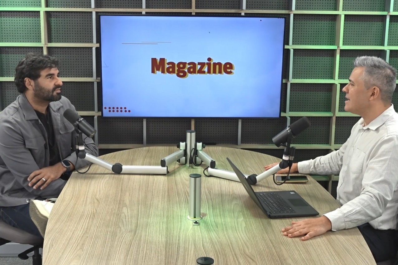 O empresário Pedro Lobo e o jornalista Léo Mendes, no programa Magazine, de O TEMPO