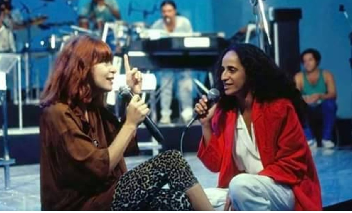 Rita Lee e Maria Bethânia ensaiando em março de 1986 a apresentação de 'Shangrilá / Baila Comigo' que foi ao ar no primeiro programa da série Chico & Caetano