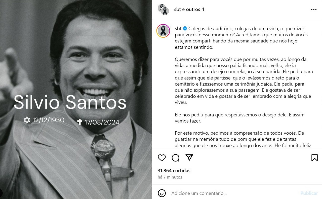 Em texto no perfil do SBT, familiares negam que vá haver velório do apresentador