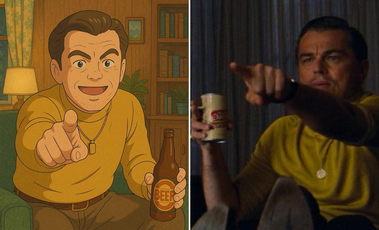 Inteligencia artificial ChatGPT recria a cena de Leonardo DiCaprio como Rick Dalton, em Era Uma Vez em Hollywood (2019) apontando para a TV com traços do Studio Ghibli; cena virou meme nas redes