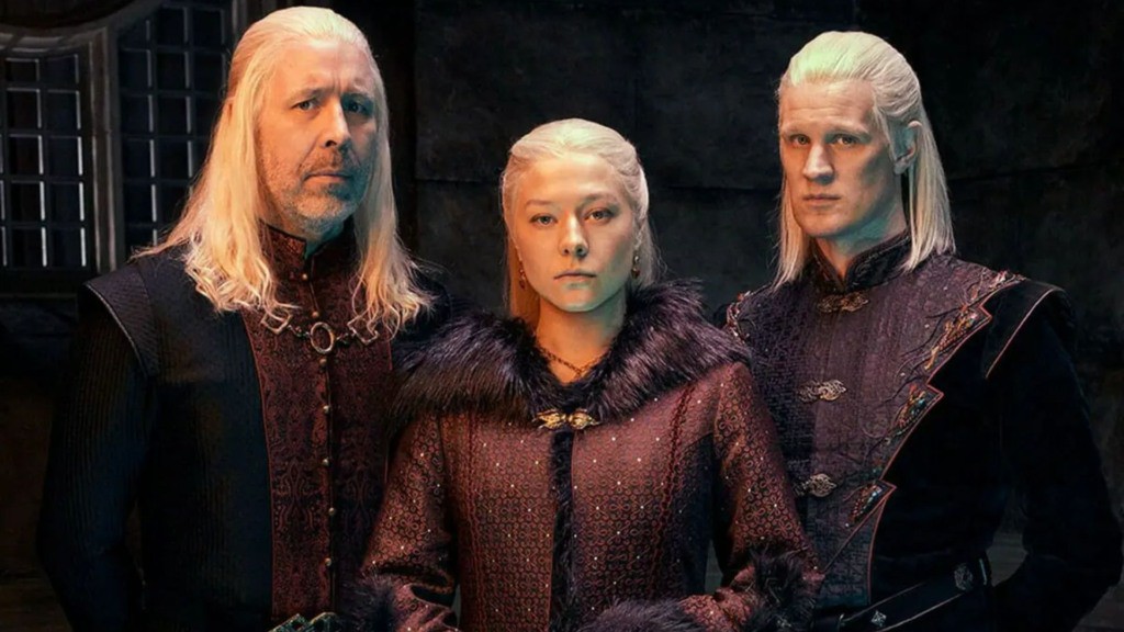 Viserys, Rhaenyra e Daemon Targaryen em A Casa do Dragão