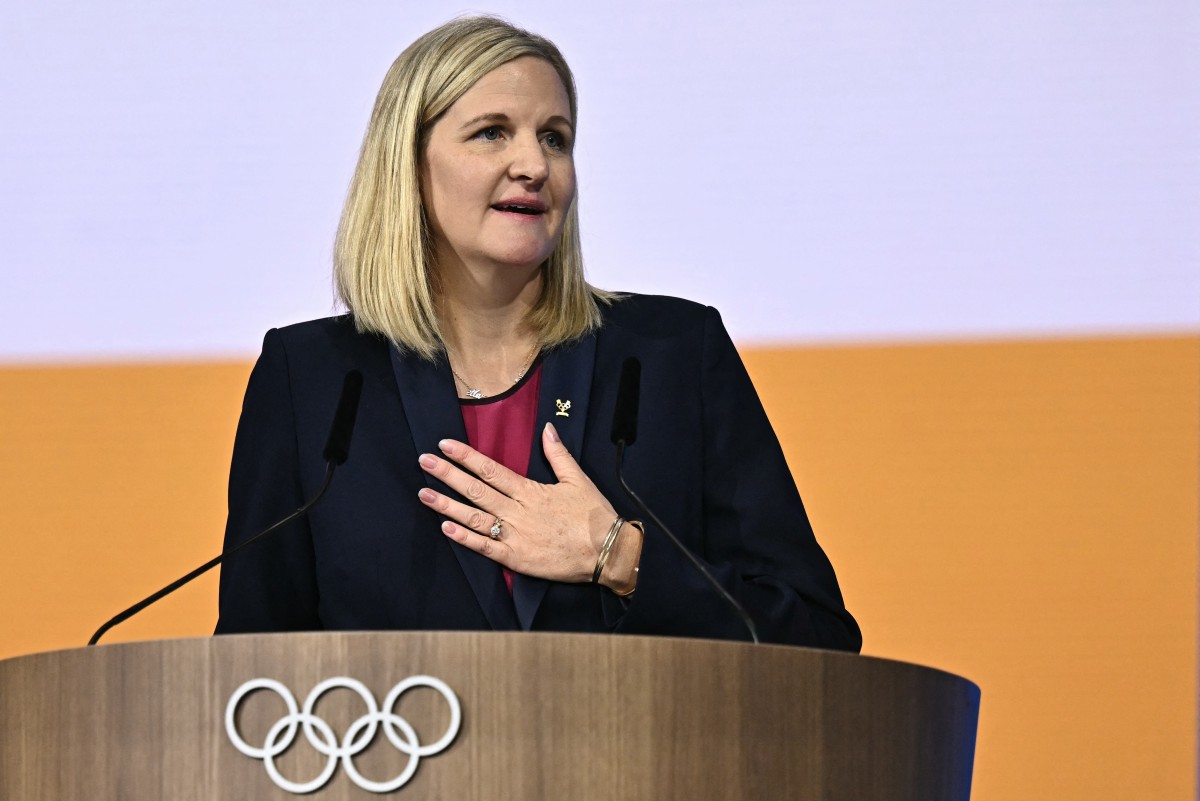 Zimbabwean candidate for the presidency of the International Olympic Committee (IOC) Kirsty Coventry delivers a speech after being elected during the 144th IOC Session on the day of the election of the next President of the International Olympic Committee, in Costa Navarino, Greece on March 20, 2025. Zimbabwe's Kirsty Coventry elected president of International Olympic Committee on March 20, 2025. (Photo by Fabrice COFFRINI / AFP)
