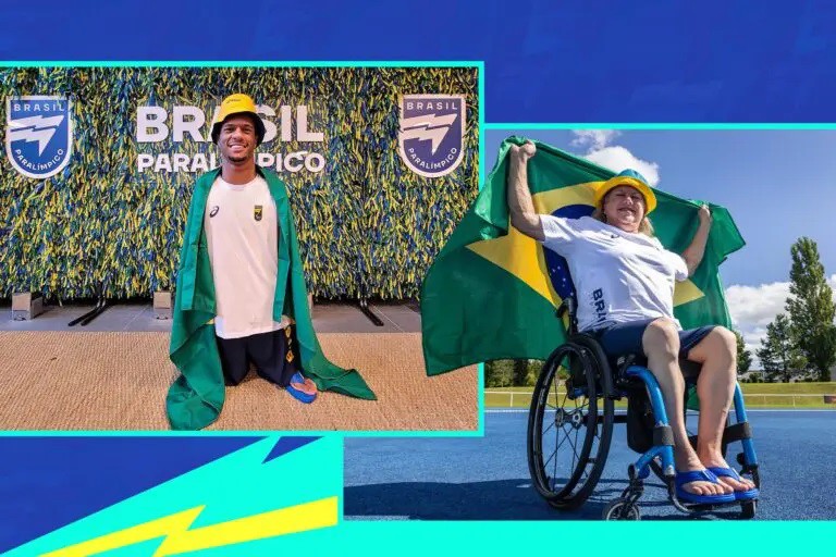 Arte com imagens dos porta-bandeiras Gabriel Araújo e Beth Gomes