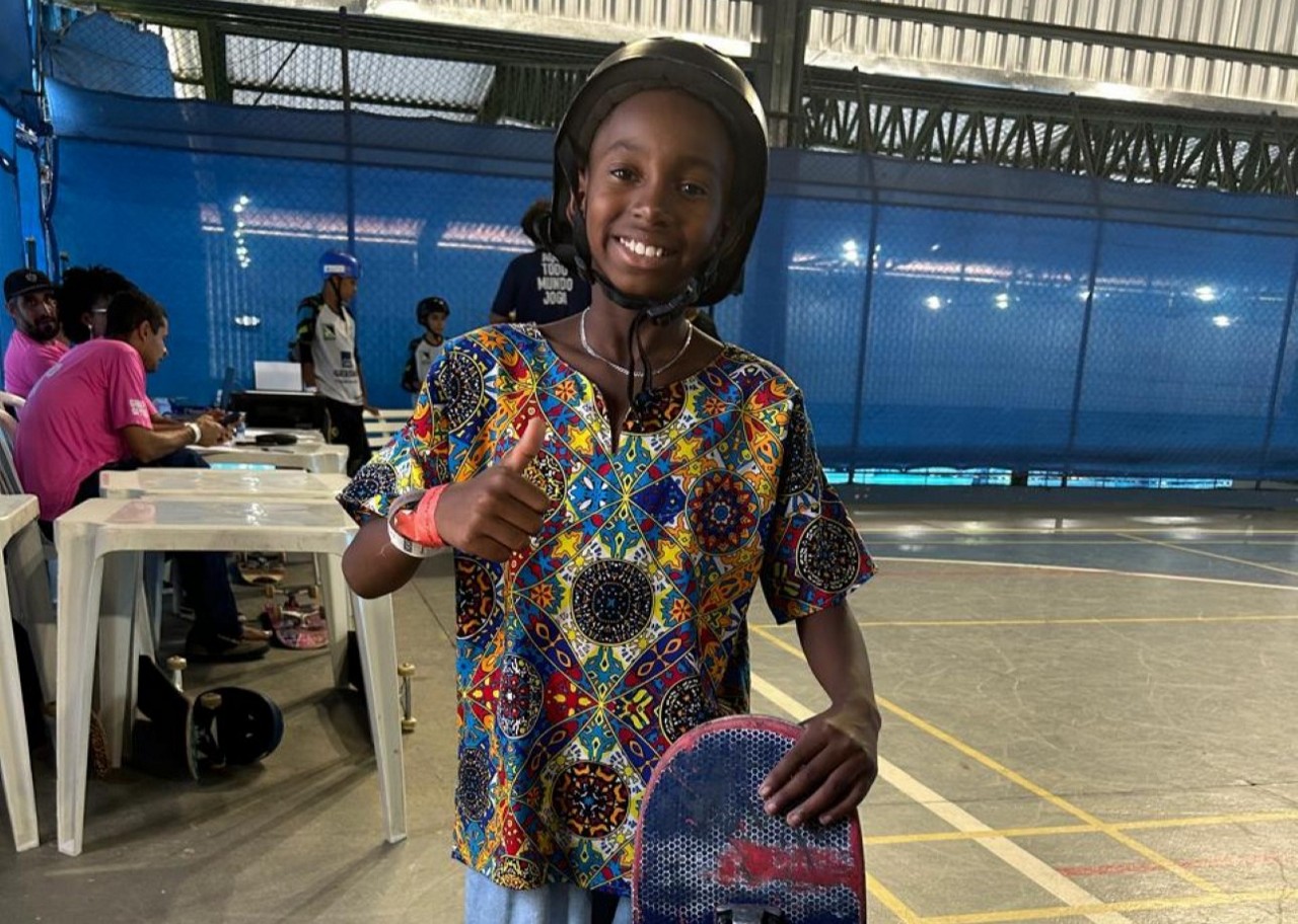 Arthur Aguilar, de 9 anos, que competiu na categoria pré-mirim masculino de Skate