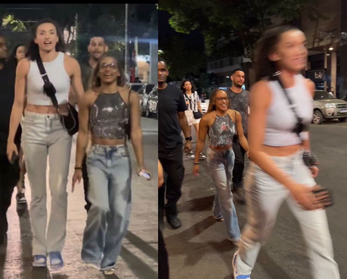 Rebeca Andrade ao lado de Gabi do vôlei pelas ruas da Savassi em BH