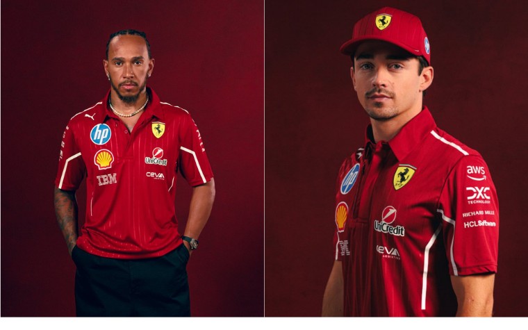 Lewis Hamilton e Charles Leclerc posaram para fotos com o novo uniforme Ferrari (Foto: Divulgação/Ferrari)