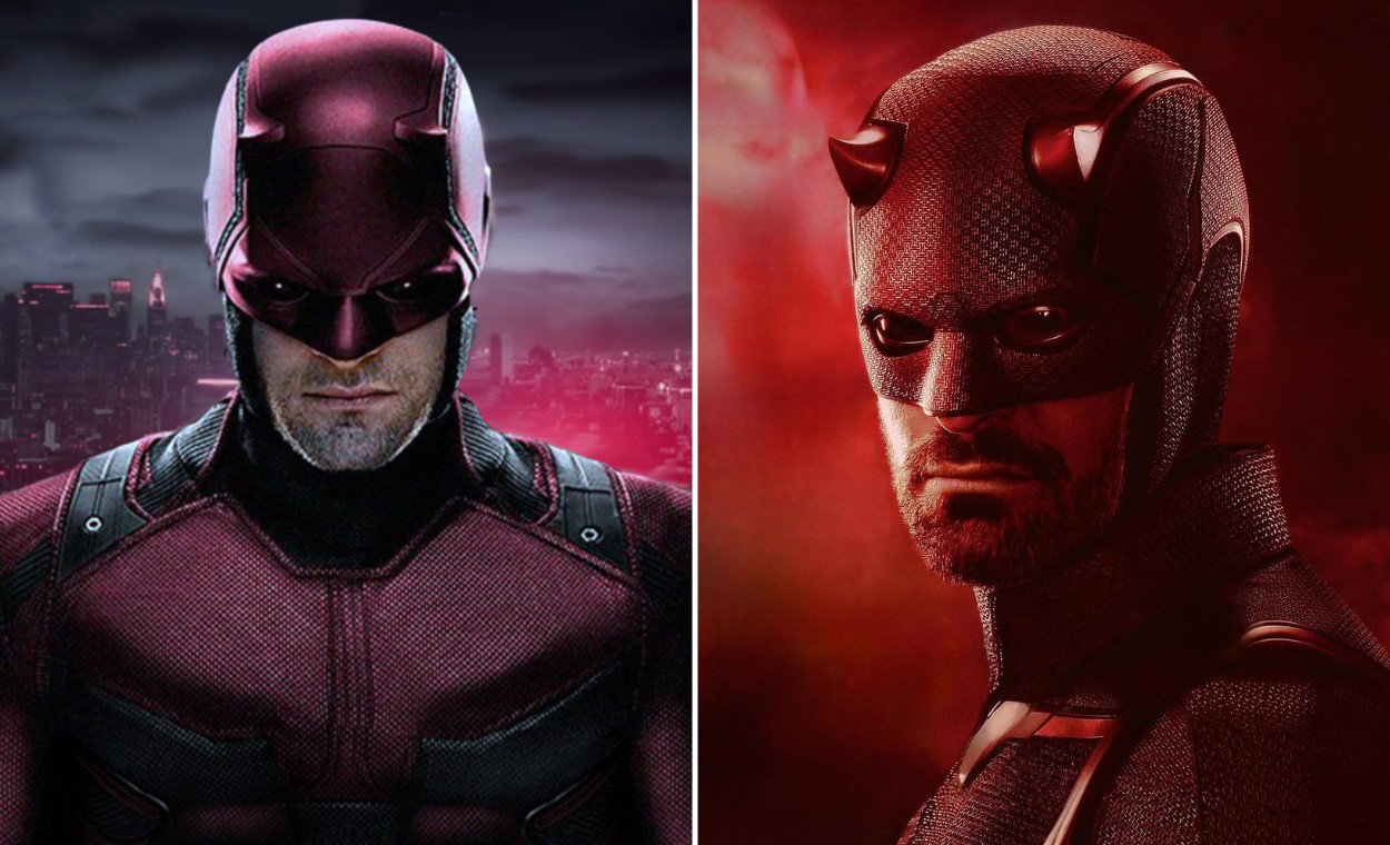 Matt Murdock: advogado de dia, vigilante à noite; o Demolidor (versão da Netflix à esquerda, e atualmente a versão do Disney+ a direita)