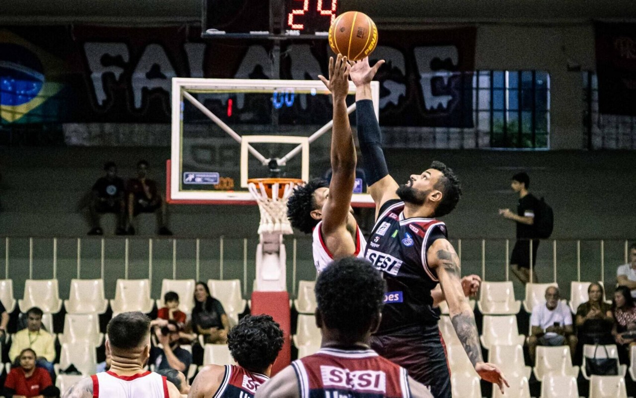 Jogadores do Franca e Flamengo em ação pelo NBB (Foto: Hermes de Paula/CRF)