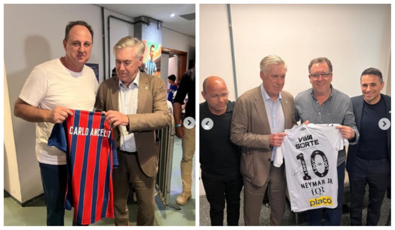 Ancelotti aproveitou para 'tietar' Rogério Ceni e recebeu camisa com o nome de Neymar