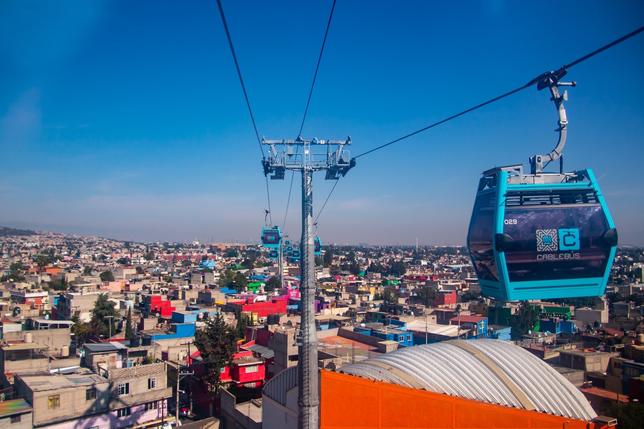 View of the Iztapalapa neighborhood from the Cablebús, a gondola lift, aerial tram and part of the city's public transportation system.