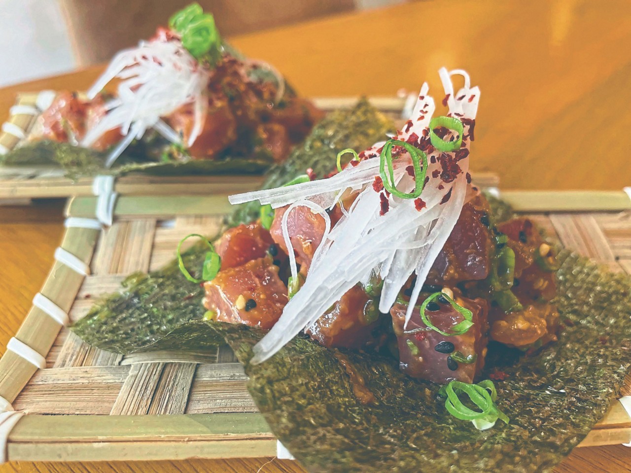 Maguro no Nuta tem cubos de atum com missô, mostarda karashi e alga nori do Fugu Izakaya