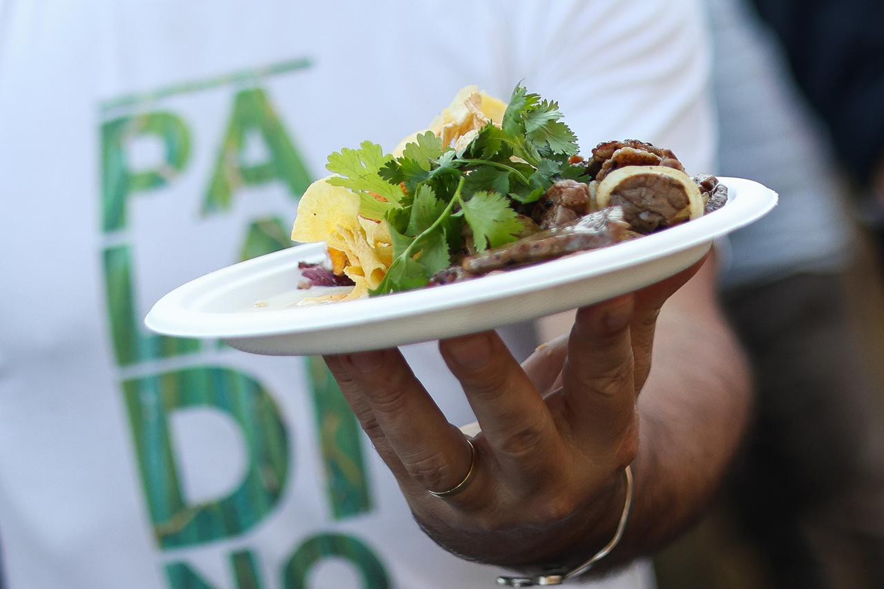 Carne de sol acebolada servida com creme de queijo e chips variados do Paladino
