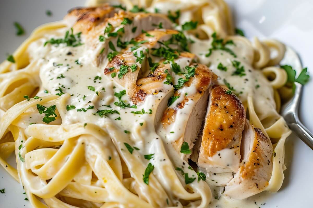 Fettuccine com frango grelhado e molho branco