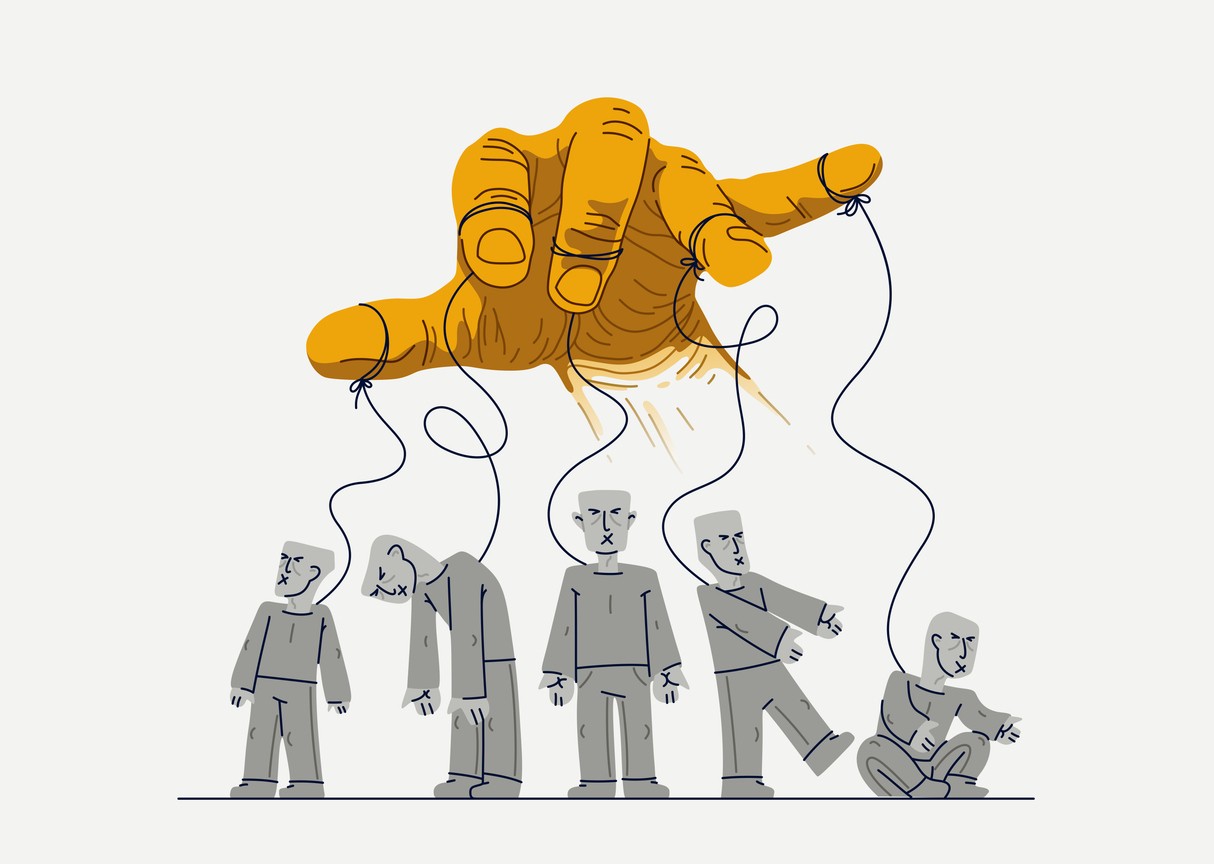 Hand of a toxic manipulator controls his victims, social zombies concept, social manipulations dictatorship and control, cultural code, vector illustration of psychological manipulation.