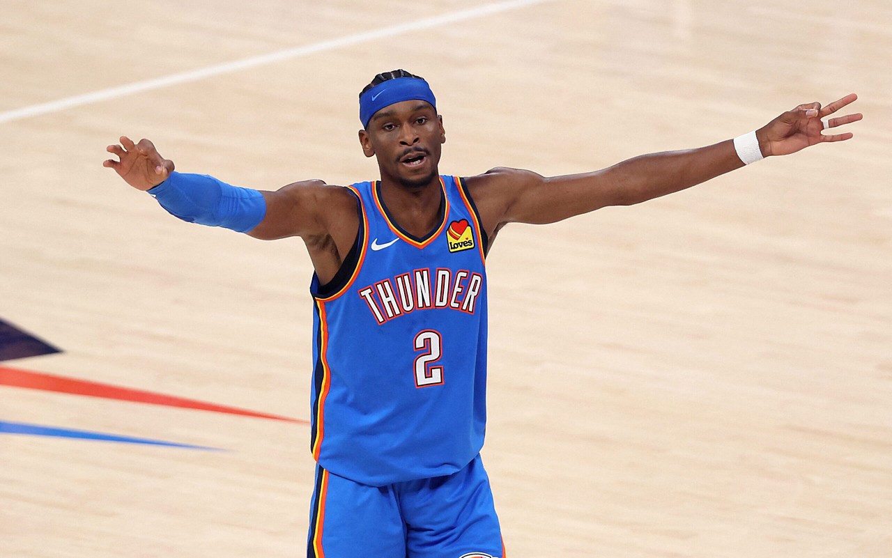 OKLAHOMA CITY, OKLAHOMA - MAY 28: Shai Gilgeous-Alexander #2 of the Oklahoma City Thunder reacts after a three-point basket by Cason Wallace #22 against the Minnesota Timberwolves at the end of the first quarter in Game Five of the Western Conference Finals of the 2025 NBA Playoffs at Paycom Center on May 28, 2025 in Oklahoma City, Oklahoma. NOTE TO :  expressly acknowledges and agrees that, by ing and or using this photograph,  is consenting to the  and conditions of the Getty Images License Agreement.   Matthew Stockman/Getty Images/AFP (Photo by MATTHEW STOCKMAN / GETTY IMAGES NORTH AMERICA / Getty Images via AFP)