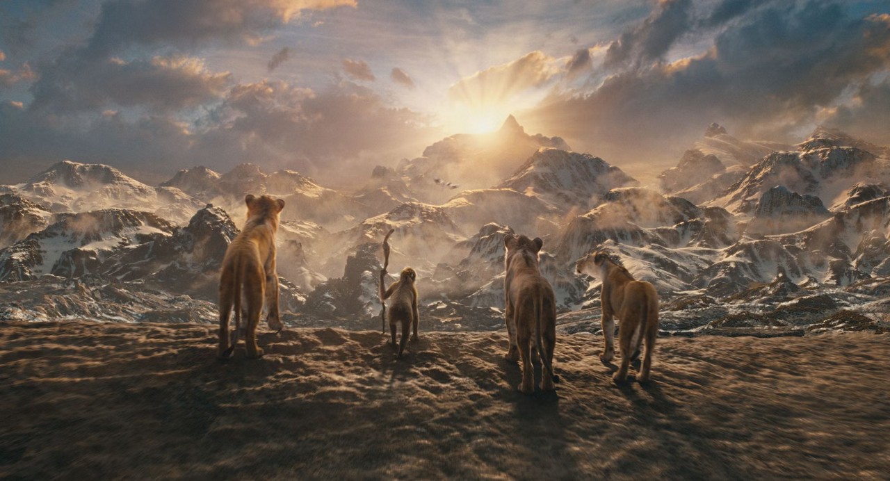 Mufasa, Rafiki, Zazu, Scar e Sarabi em arte de divulgação de Mufasa: O Rei Leão