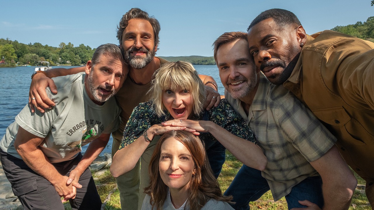O elenco de As Quatro Estações (da esquerda para a direita): Nick (Steve Carell), Claude (Marco Calvani), Anne (Kerri Kenney-Silver), Kate (Tina Fey), Jack (Will Forte) e Danny (Colman Domingo).