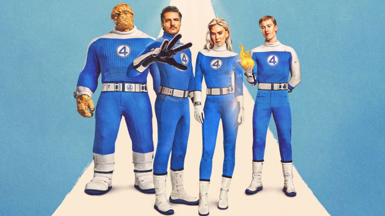 Coisa (Ebon Moss-Bachrach), Sr. Fantástico (Pedro Pascal), Mulher Invisível (Vanessa Kirby) e Tocha Humana (Joseph Quinn), em imagem promocional de Quarteto Fantástico: Primeiros Passos.