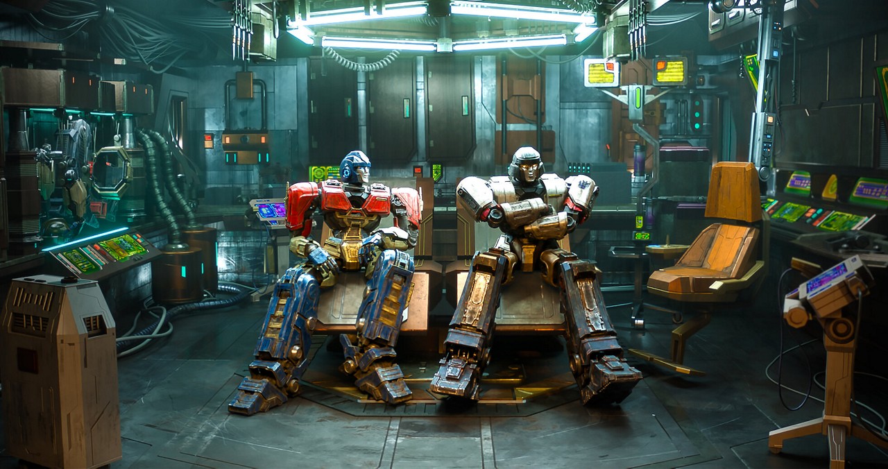 Orion Pax (Chris Hemsworth) e D-16 (Brian Tyree Henry) em cena de Transformers: O Início.
