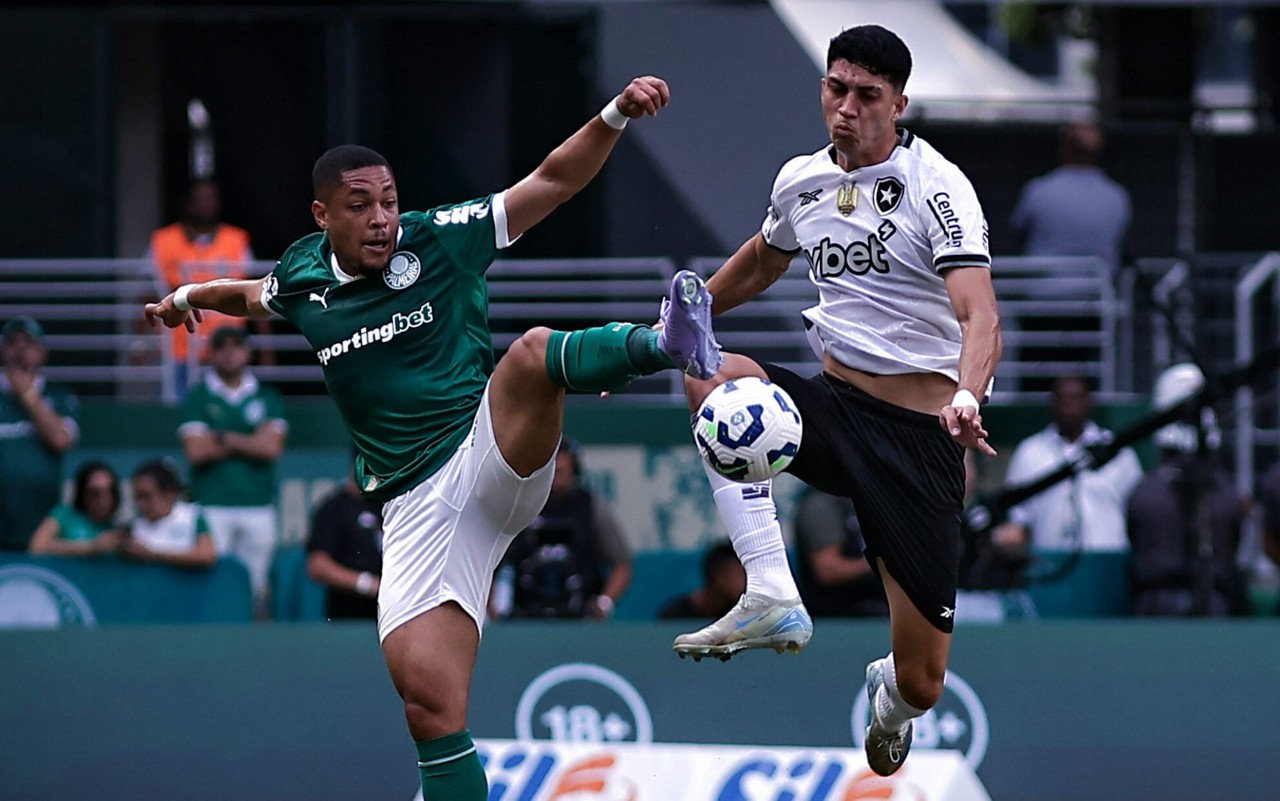 Vitor Roque divide bola com Jair no duelo entre Palmeiras e Botafogo, pelo Brasileirão (Foto: Fabio Giannelli/AGIF)