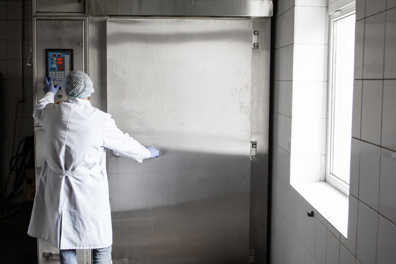 A lot of raw meat hung and arranged in a row in a processing meat production factory. Horizontal view.