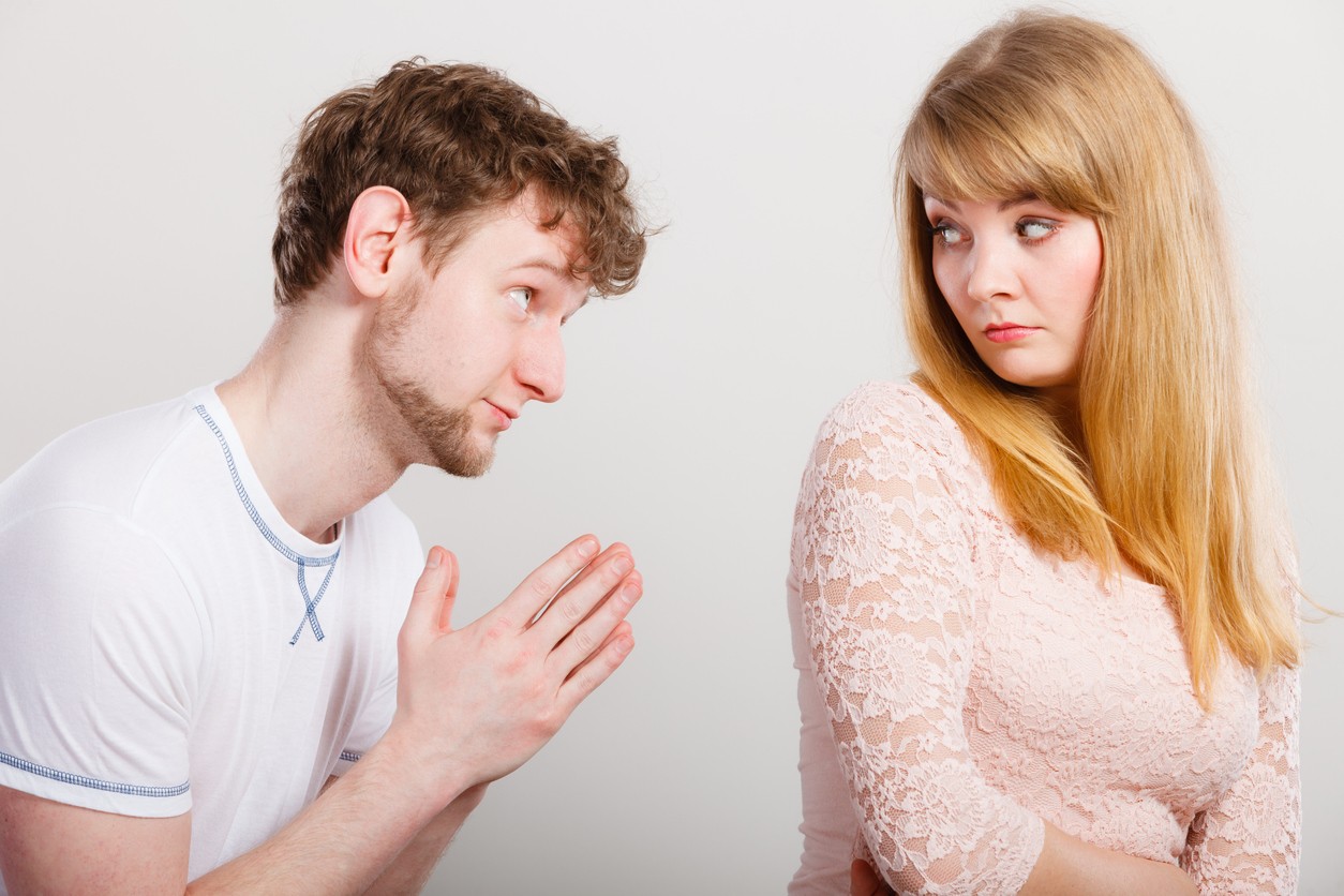 Feelings after argument in relationship. Lovers in argue woman angry on man. Guy trying to apologize say sorry to his girlfriend.
