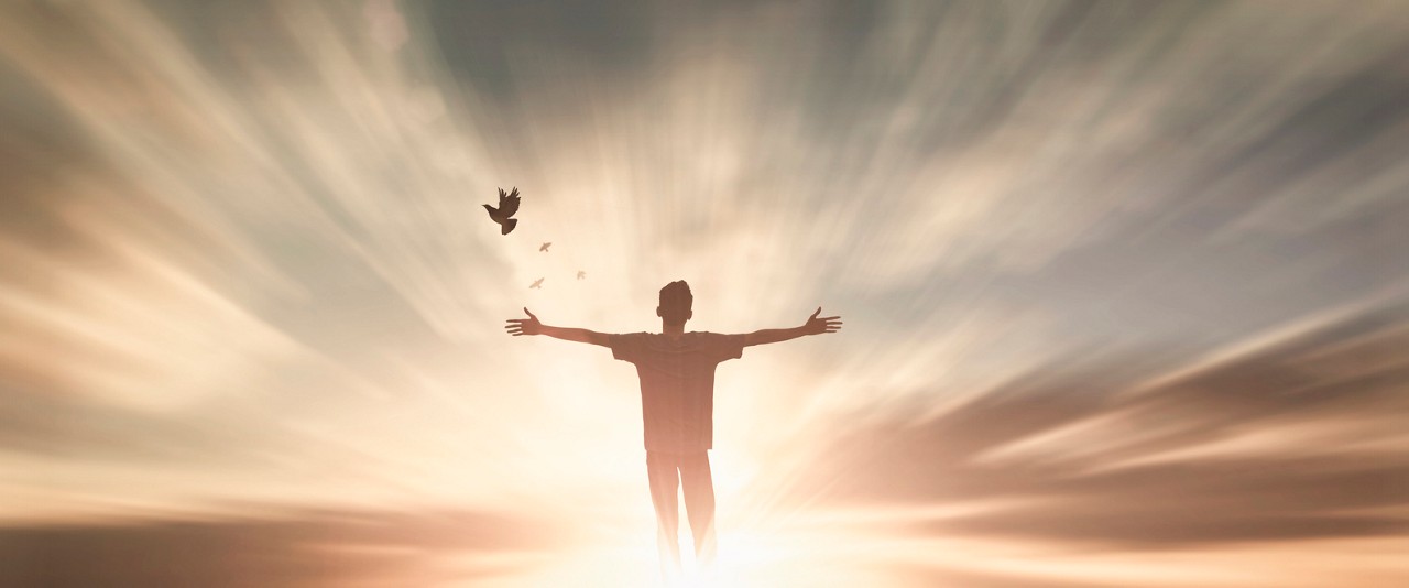 Happy man rise hand Worship God in morning view. Christian spirit prayer praise on good friday background. Male self confidence empowerment on mission arm concept strength wisdom ambitious