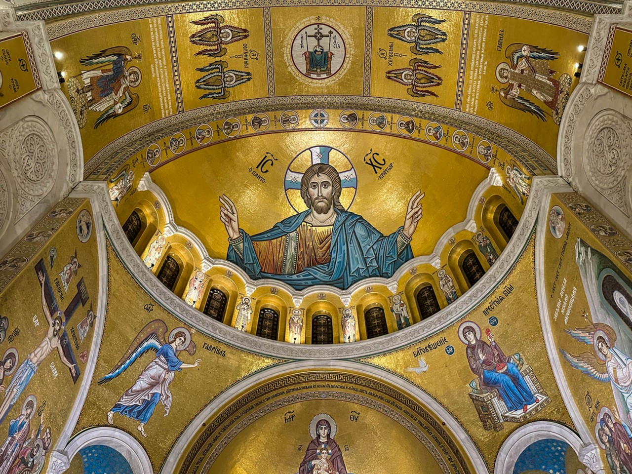 Interior of the Church of Saint Sava, Serbian Orthodox church, byzantine-inspired architecture, icon of Jesus Christ in a mosaic, Belgrade, Serbia