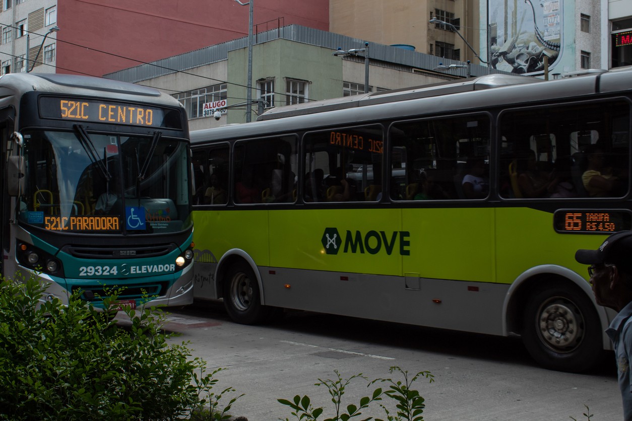 Buses of the MOVE system on January 11, 2019, in a street in downtown Belo Horizonte, state of Minas Gerais, Brazil