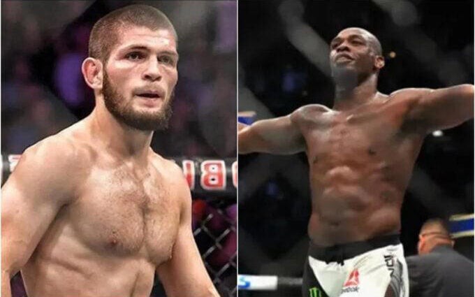 Khabib e Jon Jones no octógono do UFC (Foto: Reprodução)