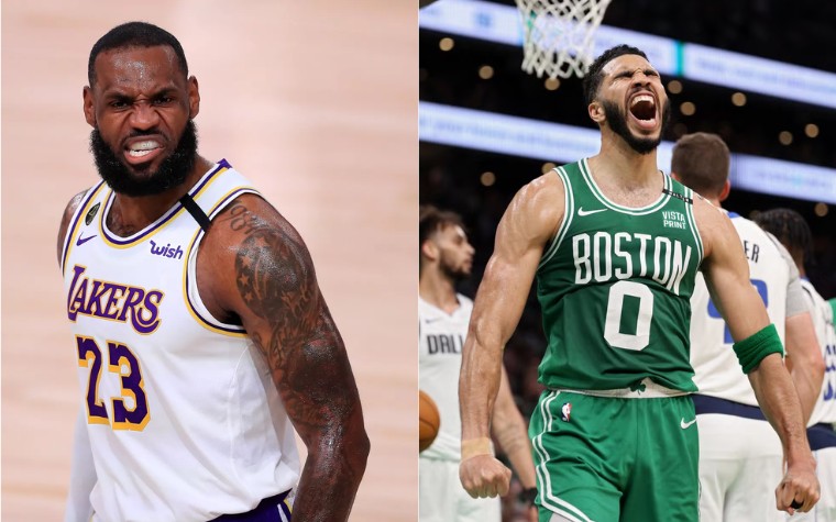 LeBron James e Jayson Tatum se enfrentarão no clássico entre Los Angeles Lakers e Boston Celtics, pela NBA (Foto: AFP)