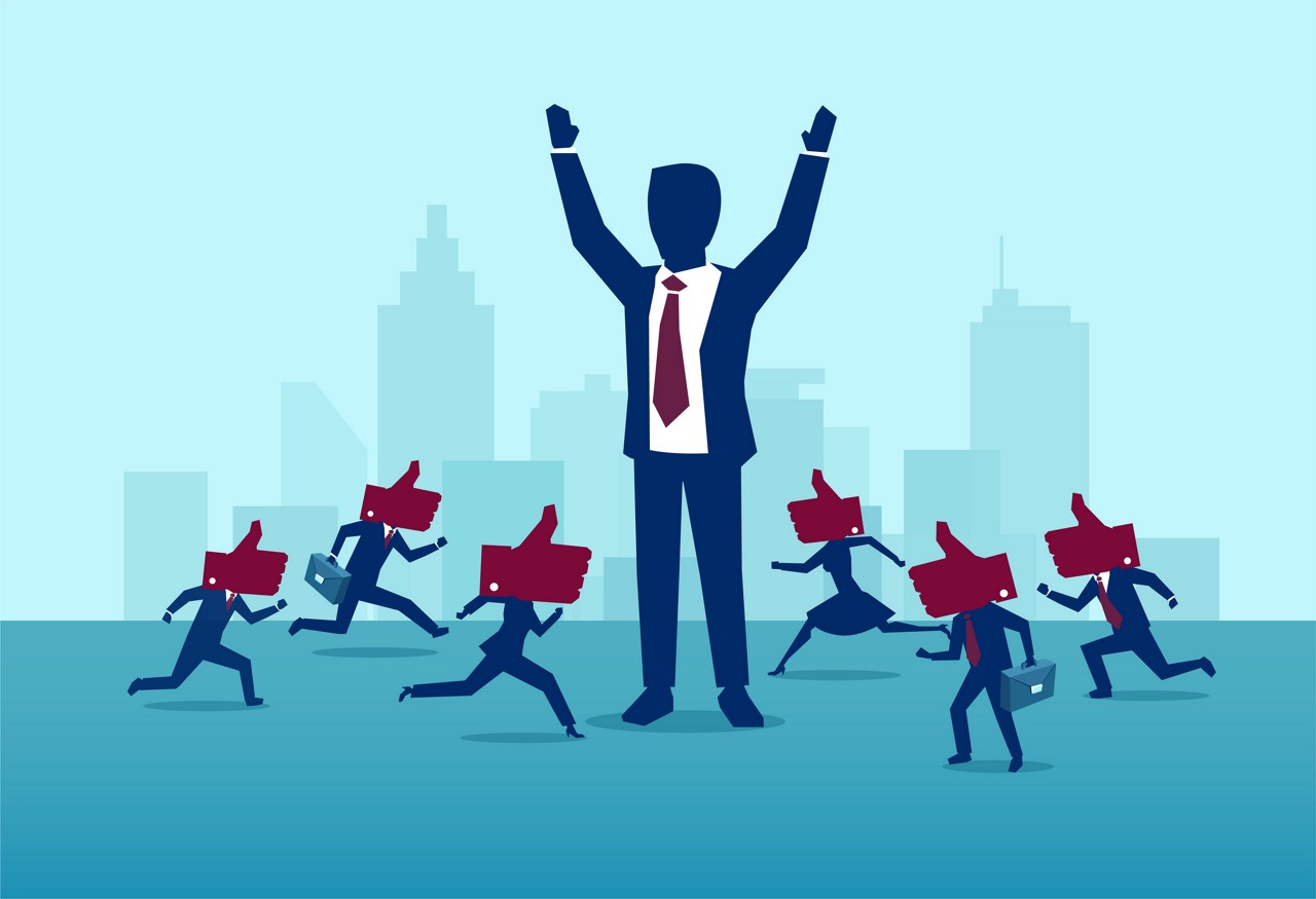 Influencer marketing and leadership concept. Vector of a powerful, successful buisnessman being liked by busy crowd of people