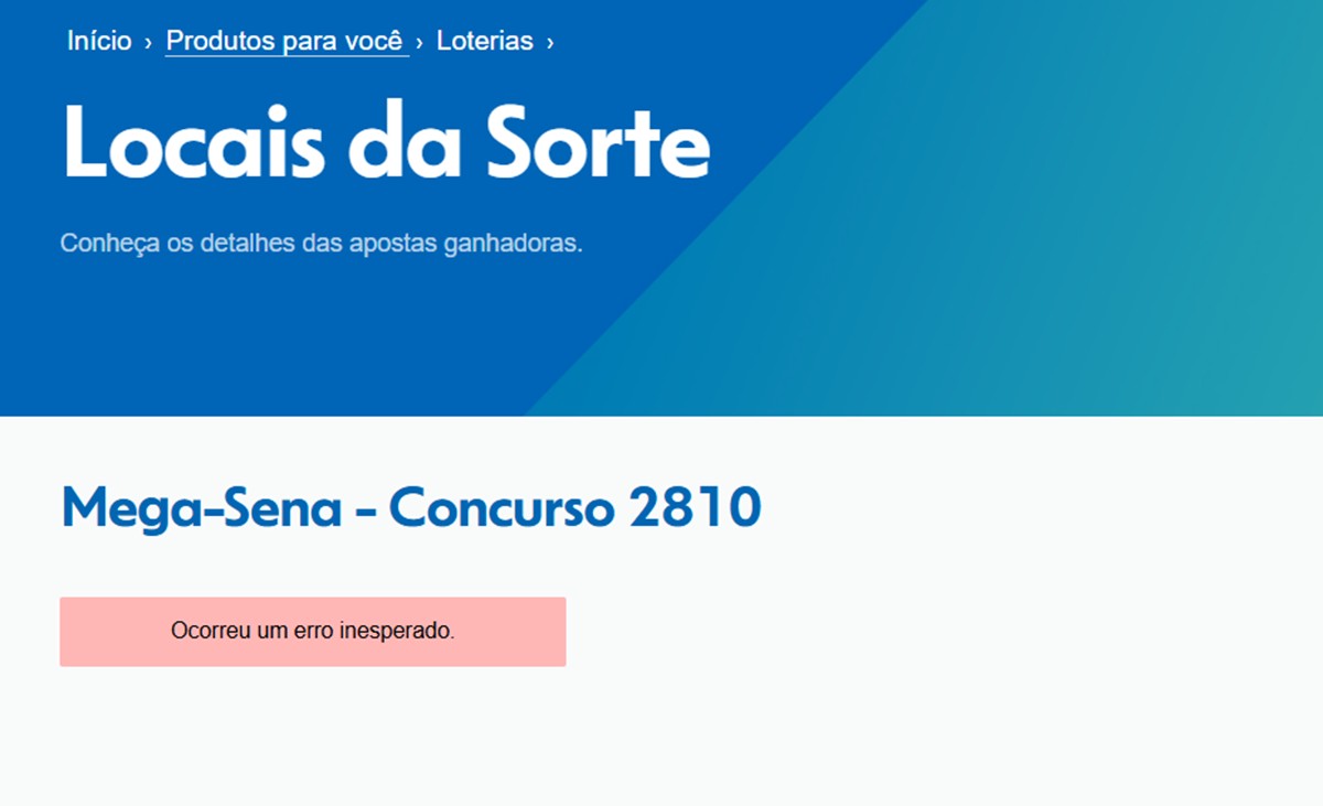 Mensagem de erro aparece na página de consulta aos locais "sortudos"