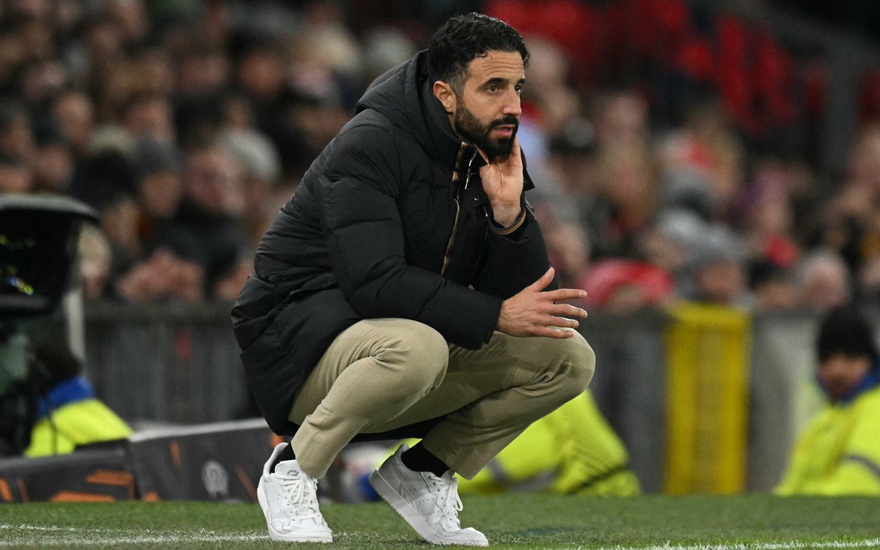 Manchester United's Portuguese head coach Ruben Amorim looks on during the UEFA Europa  League, League Phase football match between Manchester United and Bodoe/Glimt at Old Trafford stadium in Manchester, north west England, on November 28, 2024. (Photo by Oli SCARFF / AFP)