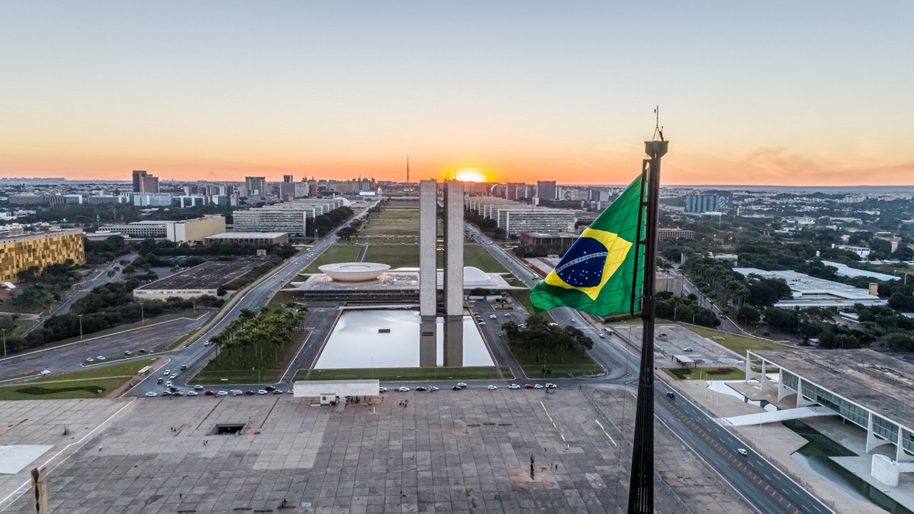 Aerial photo of the National Congress, seat of the Brazilian Legislature, located in Brasilia, capital of Brazil.