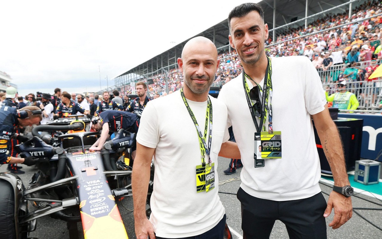 Javier Mascherano e Sergio Busquets na etapa de Miami da Fórmula 1 (Foto: Mark Thompson/AFP)