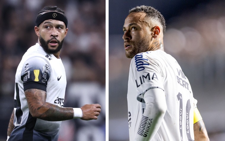 Memphis e Neymar disputam clássico paulista pela 9ª rodada do Paulistão 2025. (Foto: Ettore Chiereguini e Marcello Zambrana/AGIF)