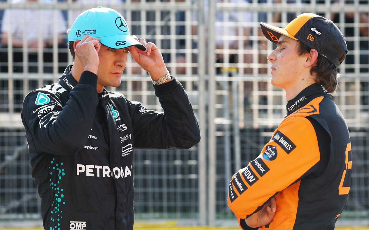 George Russell, da Mercedes, e Oscar Piastri, da McLaren, no Grande Prêmio do Canadá (Foto: Mark Thompson/AFP)